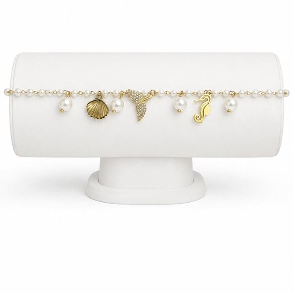 Unbranded Jewelry - 18K Gold Plated Charm Bracelet w/ White Faux Pearl Dangles Beach Mermaid Theme